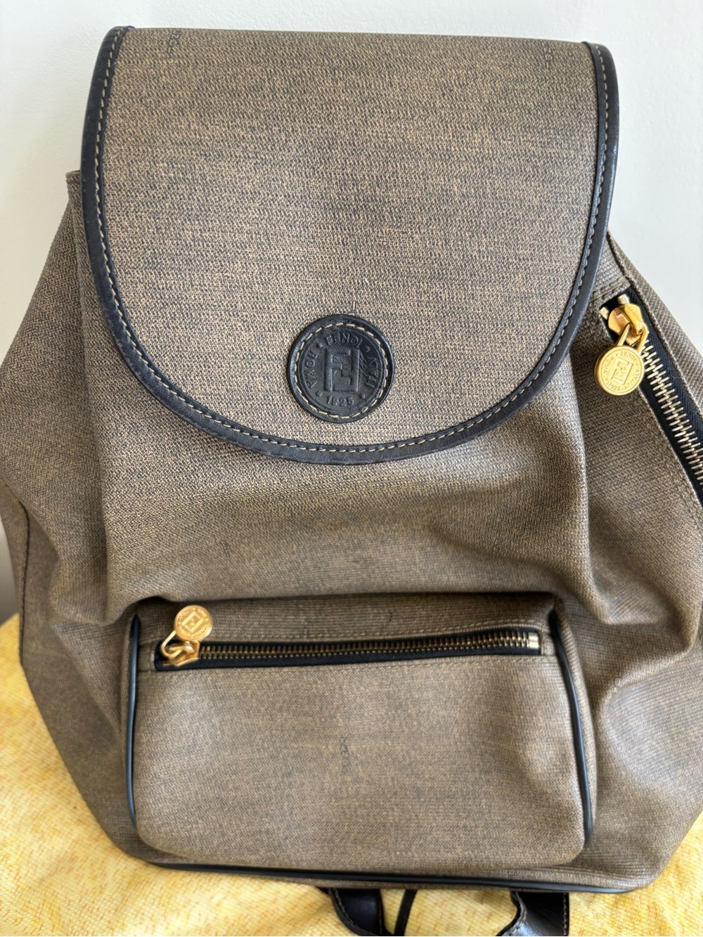 Fendi Brown Canvas Backpack with Black Trim and Gold Hardware